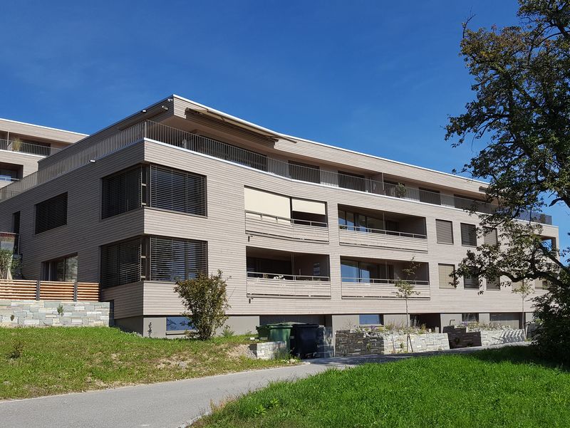 Wohnsiedlung Obstgarten Westansicht Holzfassade Holzfassade der am Hang liegenden Wohnsiedlung Obstgarten Mettmenstetten